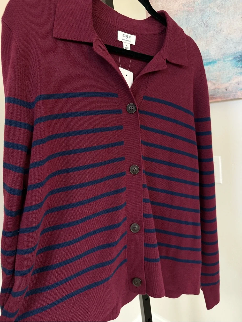 J. Crew New Striped Collared Sweater Jacket Cardigan Burgundy Navy Extra Large - Picture 3 of 7